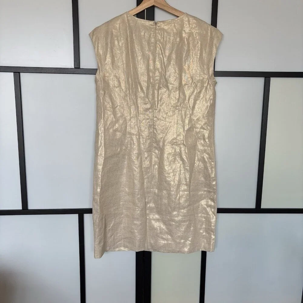 J. Crew Womens Linen Shift Dress‎ Size 8 Ivory/Gold Tone Career Office Preppy